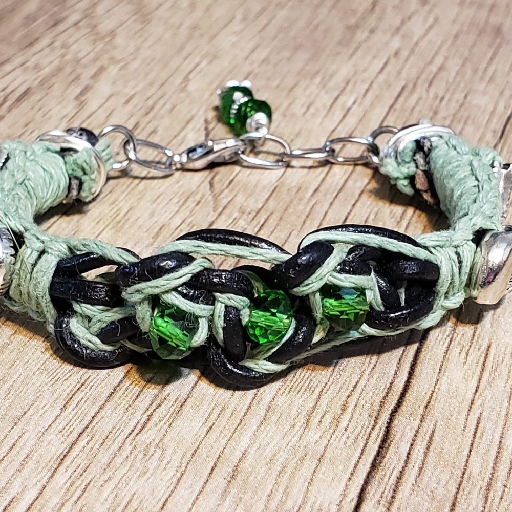Black Leather & Natural Green Hemp Bracelet